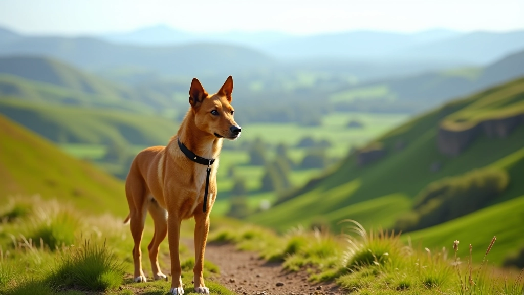 Dog on leash standing on rocky mountain overlook, green valleys below, Wicklow Mountains landscape, sunny day