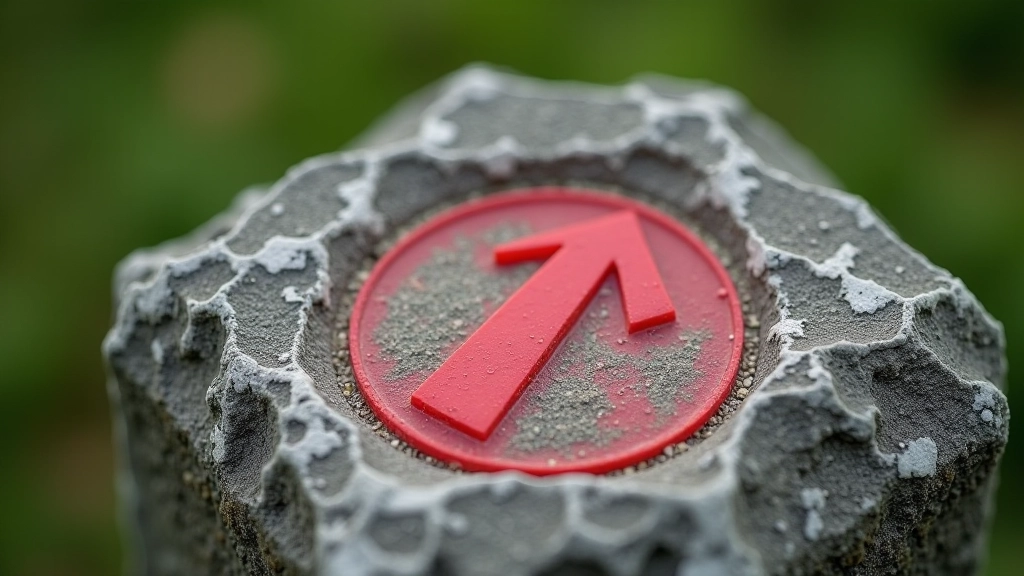 Close-up of red waymark painted on gray stone, Irish countryside trail marker