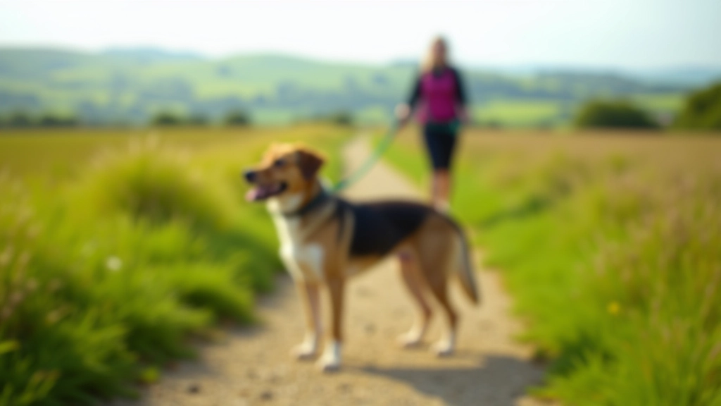 Dog walking on scenic trail near Dublin with hiker, leash visible, countryside landscape background