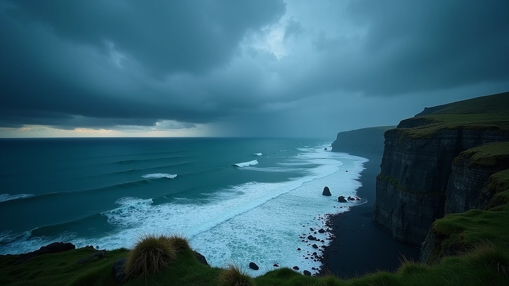 Dramatic stormy Atlantic coastline with dark clouds, rough ocean waves, and rain approaching, moody atmospheric lighting