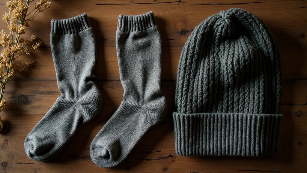 Selection of hiking socks, merino wool gloves, and waterproof hat arranged on wooden surface showing essential accessories