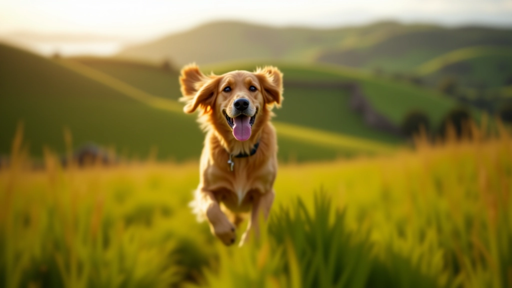 Happy dog running through green Irish countryside field, morning light, hilly landscape background