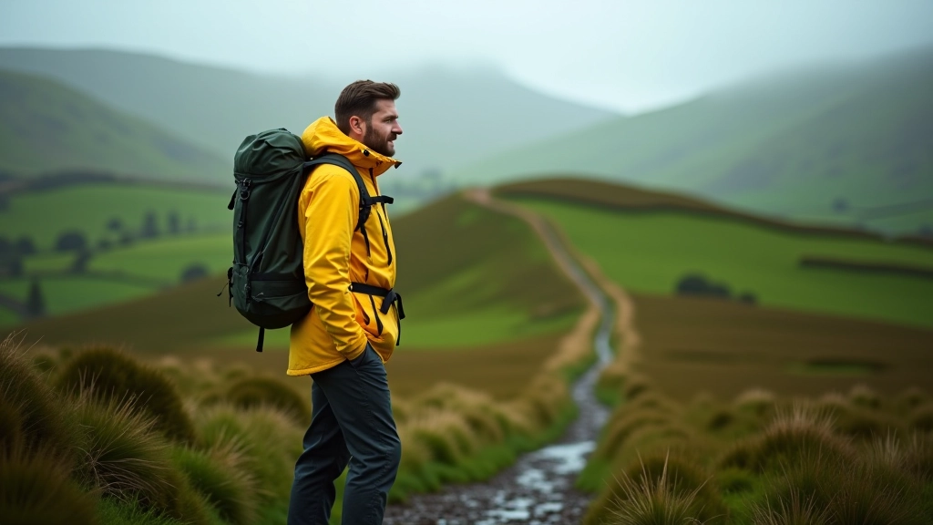 Hiker in bright waterproof jacket standing on trail with rain-soaked landscape and green hills