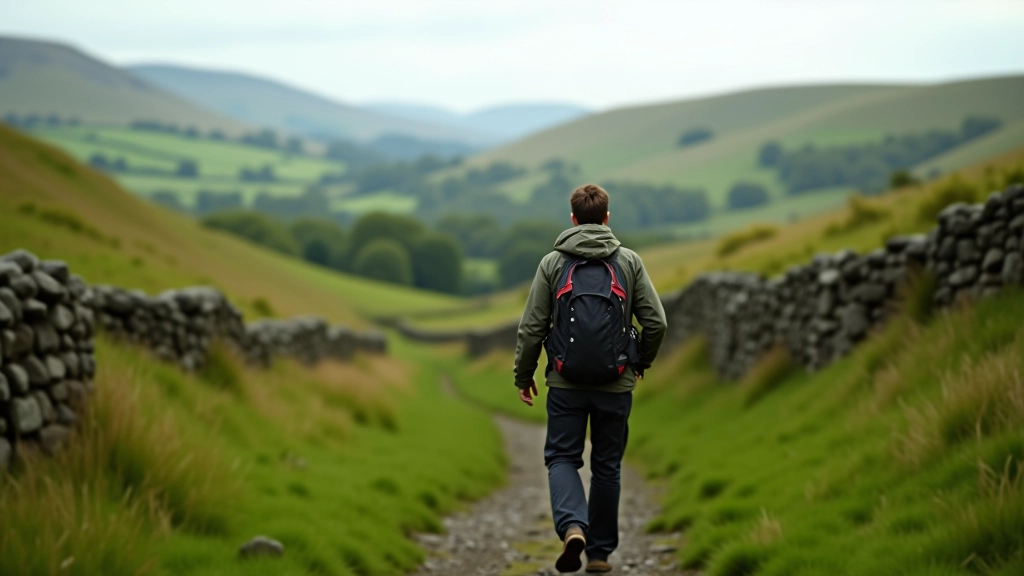 Hiker walking through green valley with stone walls and distant hills in Irish landscape