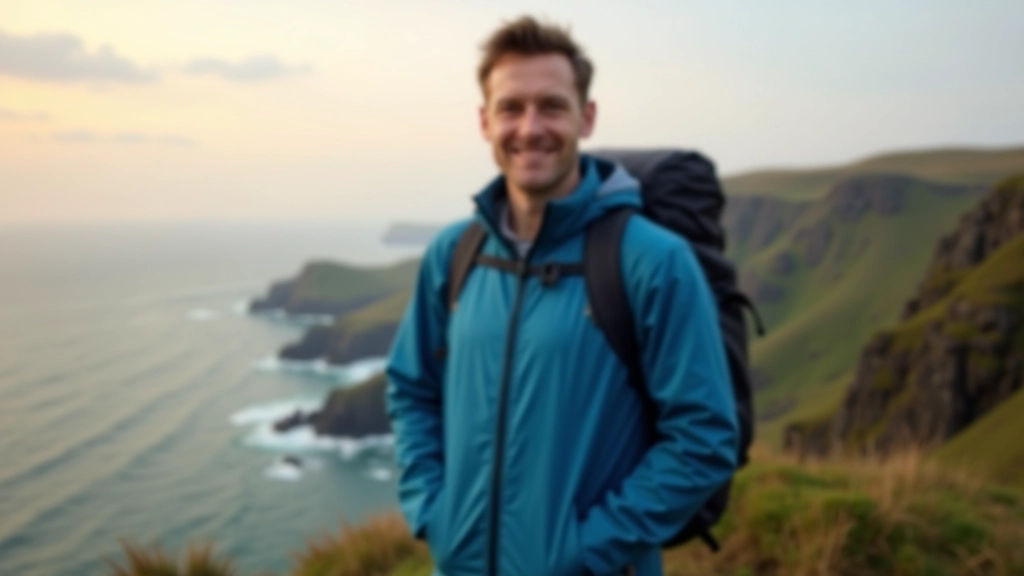 Hiker standing on cliff edge overlooking turquoise ocean waters, wearing waterproof jacket, scenic Atlantic coastal landscape in background