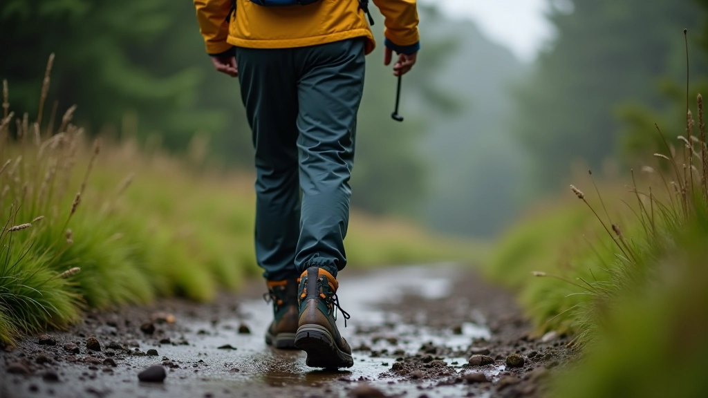 Hiker in waterproof jacket and hiking boots standing on forest path with trees and wet ground visible
