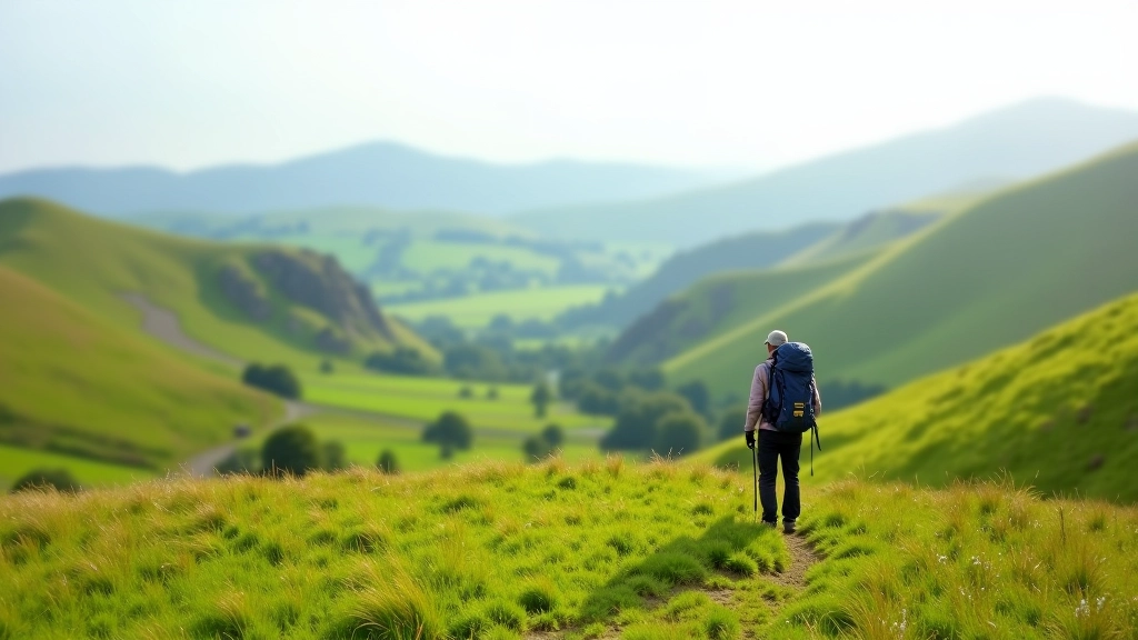 Hiker standing on green hillside overlooking Irish countryside valleys