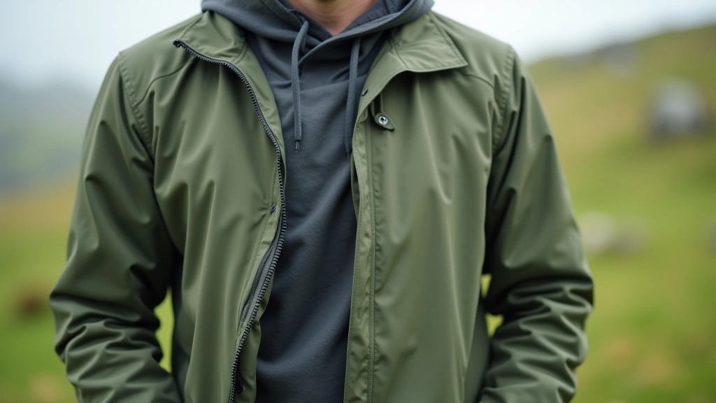 Hiker wearing layered clothing system with moisture-wicking base layer visible under mid-layer and waterproof outer jacket