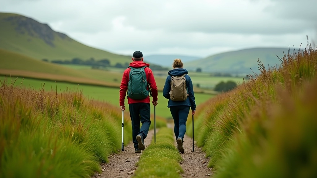 Experienced walkers exploring a waymarked trail through Irish countryside