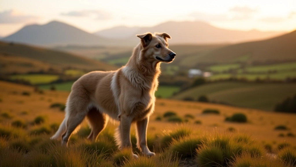 Dog standing on hillside overlooking Connemara landscape, mountains in distance, moorland terrain