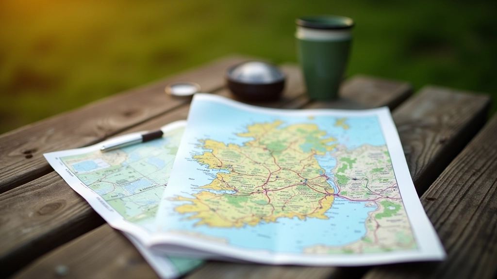 Ordnance Survey Ireland map spread open on wooden table with compass, hiking boots, and water bottle nearby, outdoor equipment arranged neatly