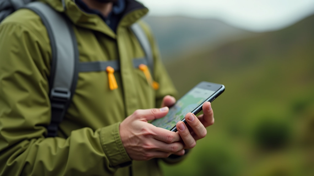 Person checking hiking route on smartphone with offline maps app, holding Ordnance Survey map, standing outdoors on country path