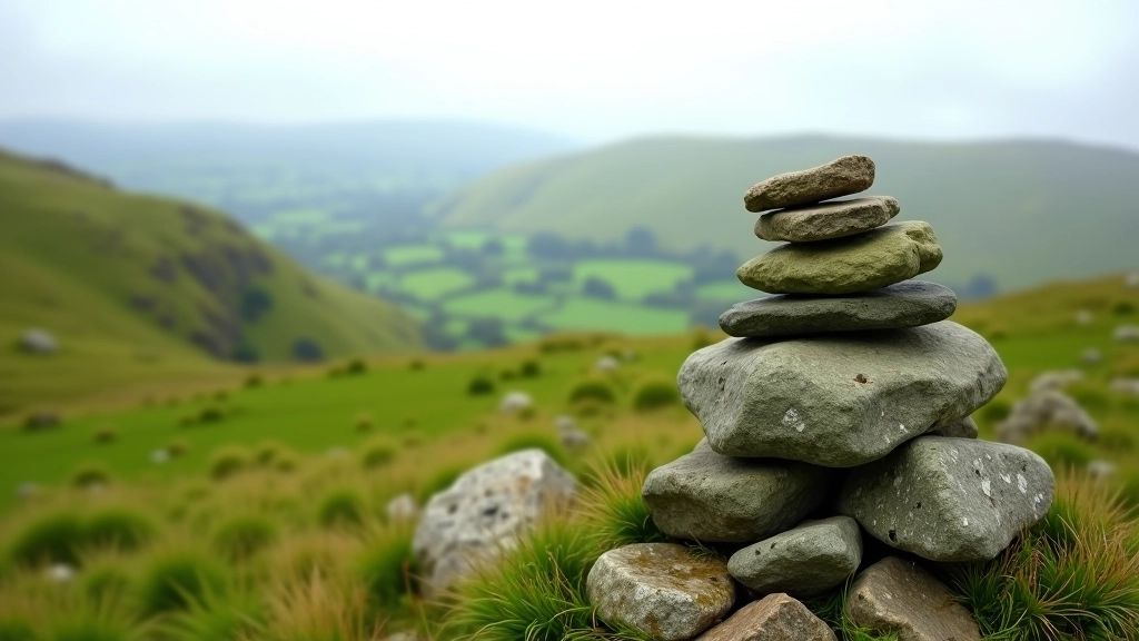 Stack of stones (cairn) marking trail junction with valley view in background, Irish hiking path