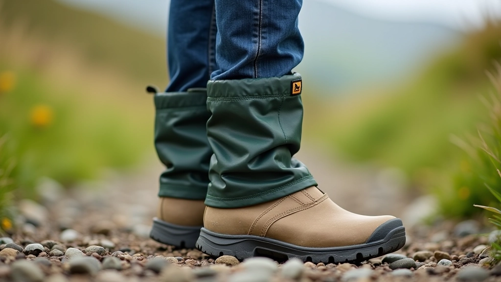 Pair of hiking boots with waterproof gaiter attached, showing proper fit and ankle protection in outdoor setting