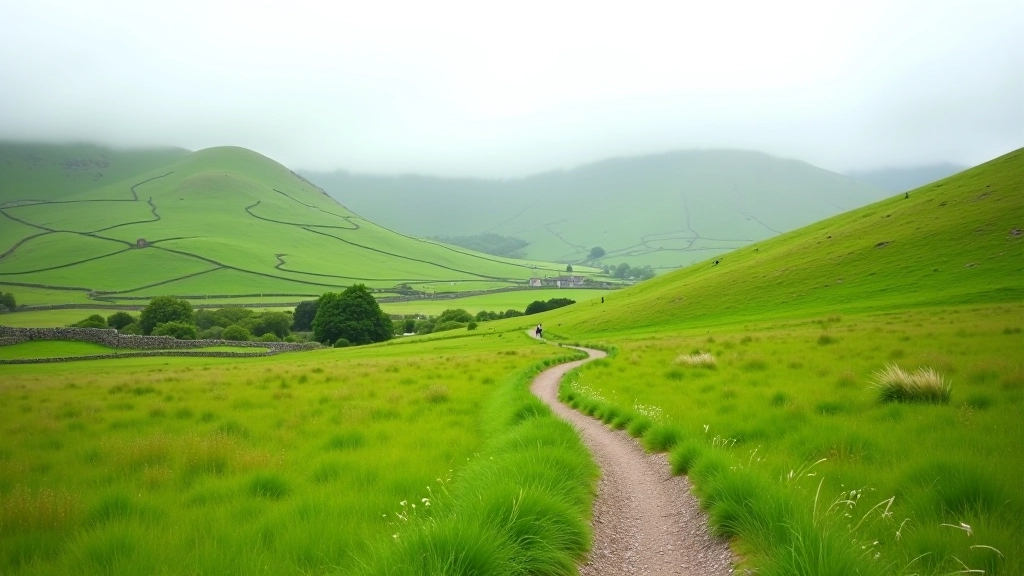 Rolling green hills with marked walking path winding through Irish countryside landscape