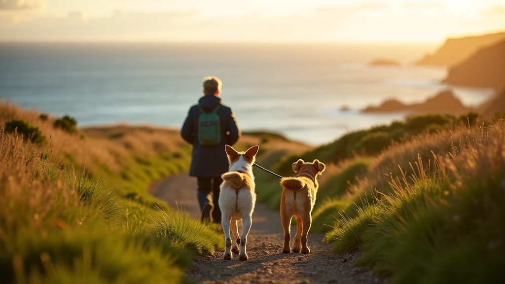 Two dogs walking on coastal path, cliff edge to one side, ocean view, Cork coastline