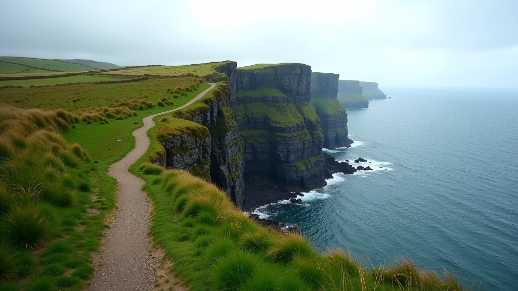Coastal cliff edge pathway with ocean view and green grassy terrain meeting rocky coastline