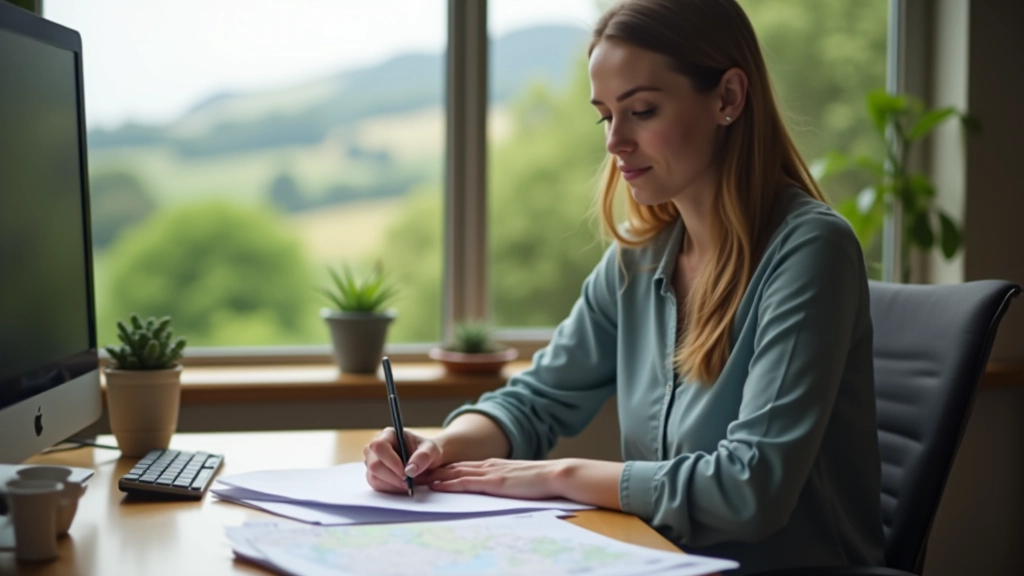 Aoife at desk reviewing Ordnance Survey maps and walking route documentation in natural light